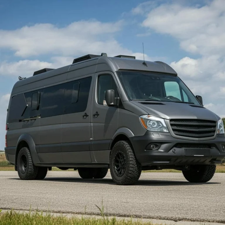 Armored sprinter van with luxury features and bulletproof protection.