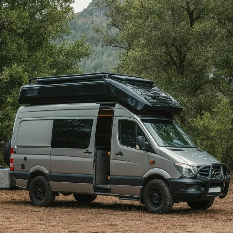 Luxury sprinter van camper with exterior accessories and storage for camping.