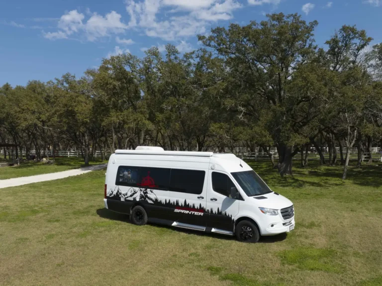 Eco camper van in a scenic park, highlighting eco-friendly travel options