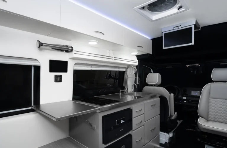 Sprinter interior accessories: Mercedes Sprinter kitchen and entertainment setup