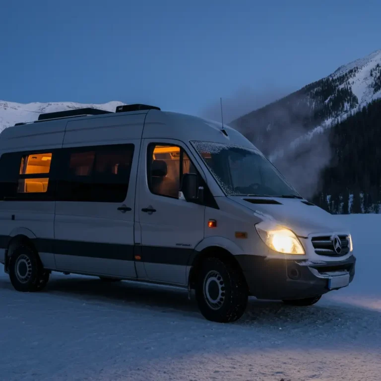 Sprinter van for winter: insulating and antifreeze prep shown in snowy mountain scene