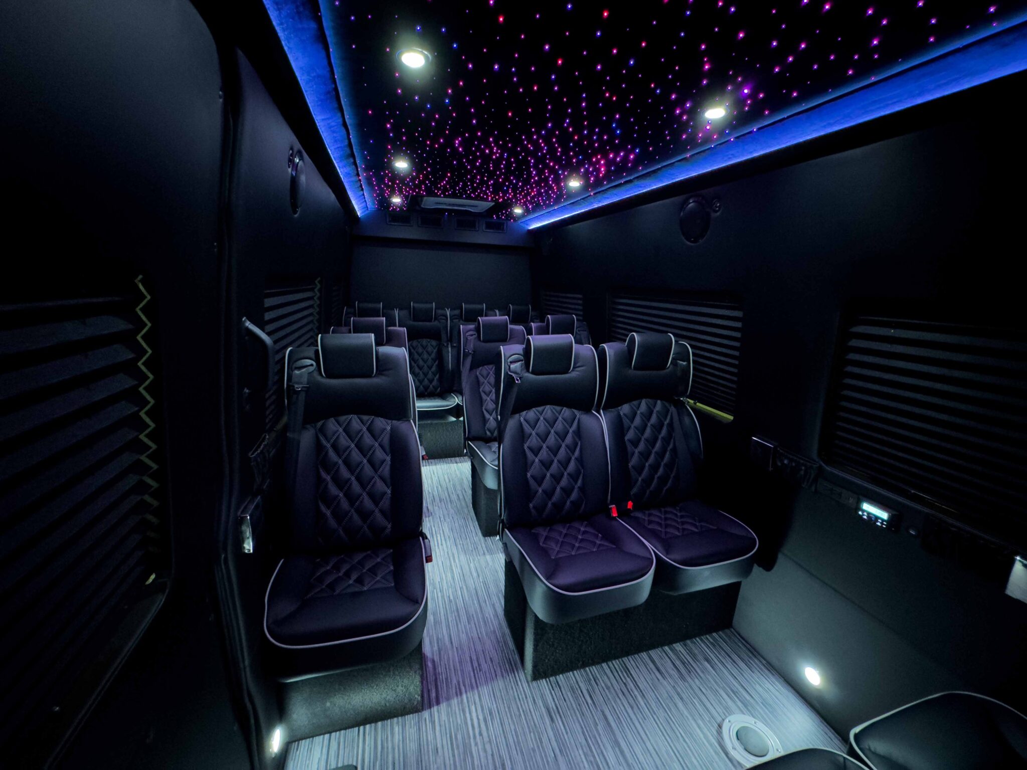 Luxury interior with black diamond-stitched seats and starry headliner, styled for premium passenger comfort.